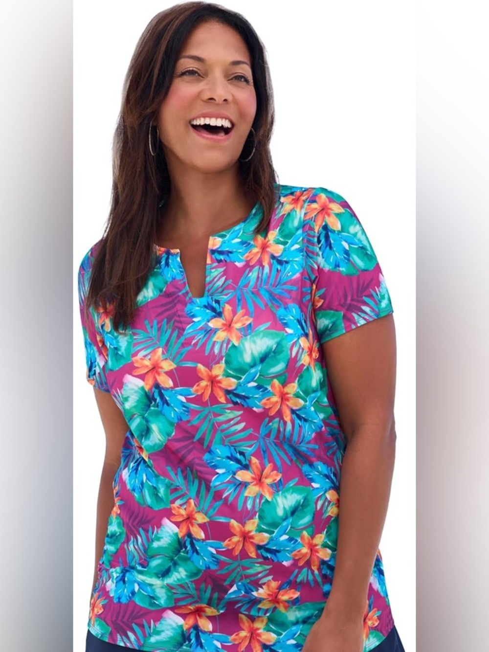 Swim 365 swimsuits for all V-Neck Short Sleeve Swim Tee shorts Tropical Sz 16